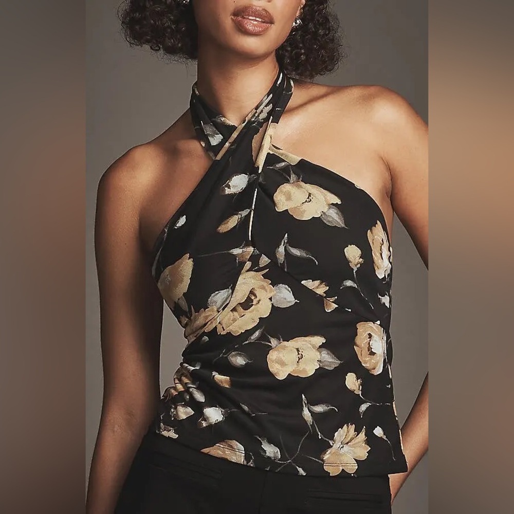 NWT Anthropologie Tie-Neck Shirred Halter Top – Black/Yellow | Size M